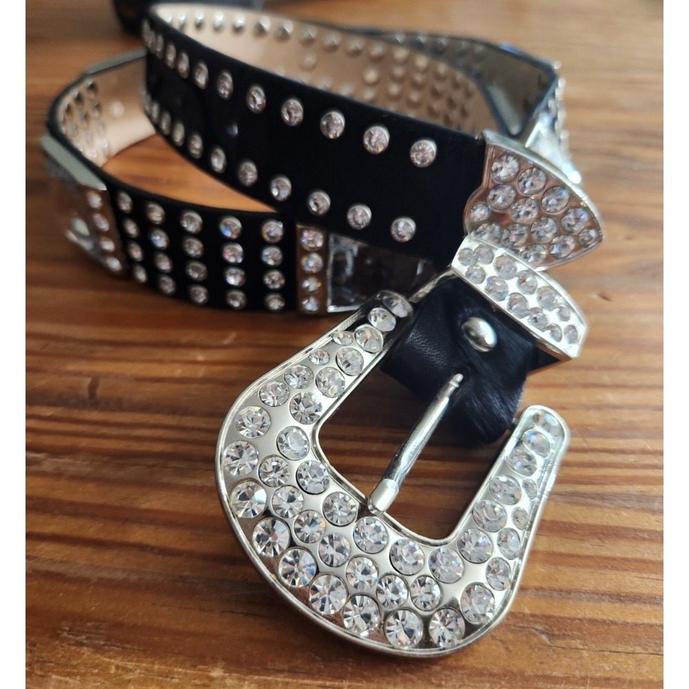 Calf Hair Leather Large Crystals Studded Black Silver Belt Removable Buckle M/L